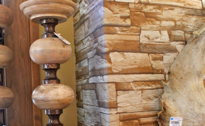 fireplace wall with fake stone wallcovering