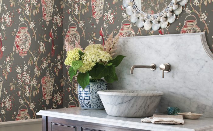 brewster wallpapered room bathroom