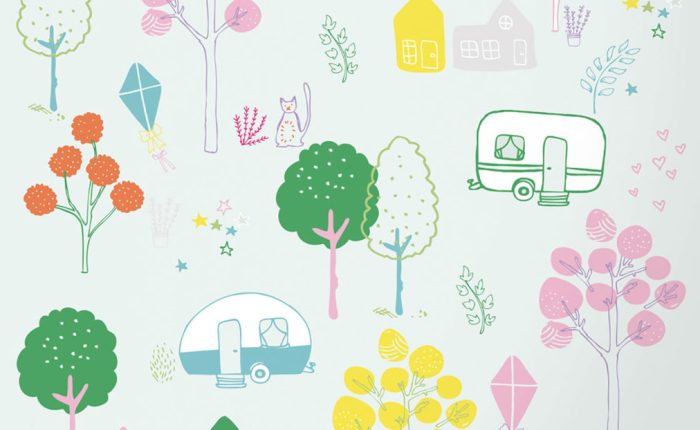 Mural of pastel caravans for kids play room